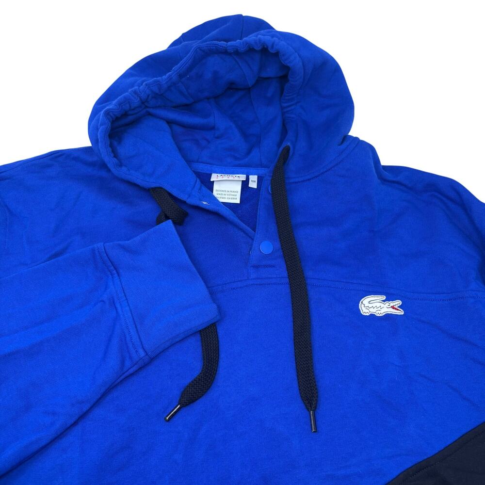 Lacoste Sport Mens 10R (3XL) Blue Black Pullover Drawstrings Hoodie Sweater